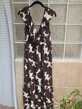 River Island London Brown & Cream Floral Maxi Dress Ruffles US 6